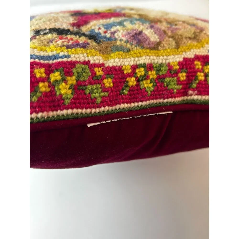 Vintage Santa Claus & Children Red Velvet Colorful Needlepoint Christmas Pillow
